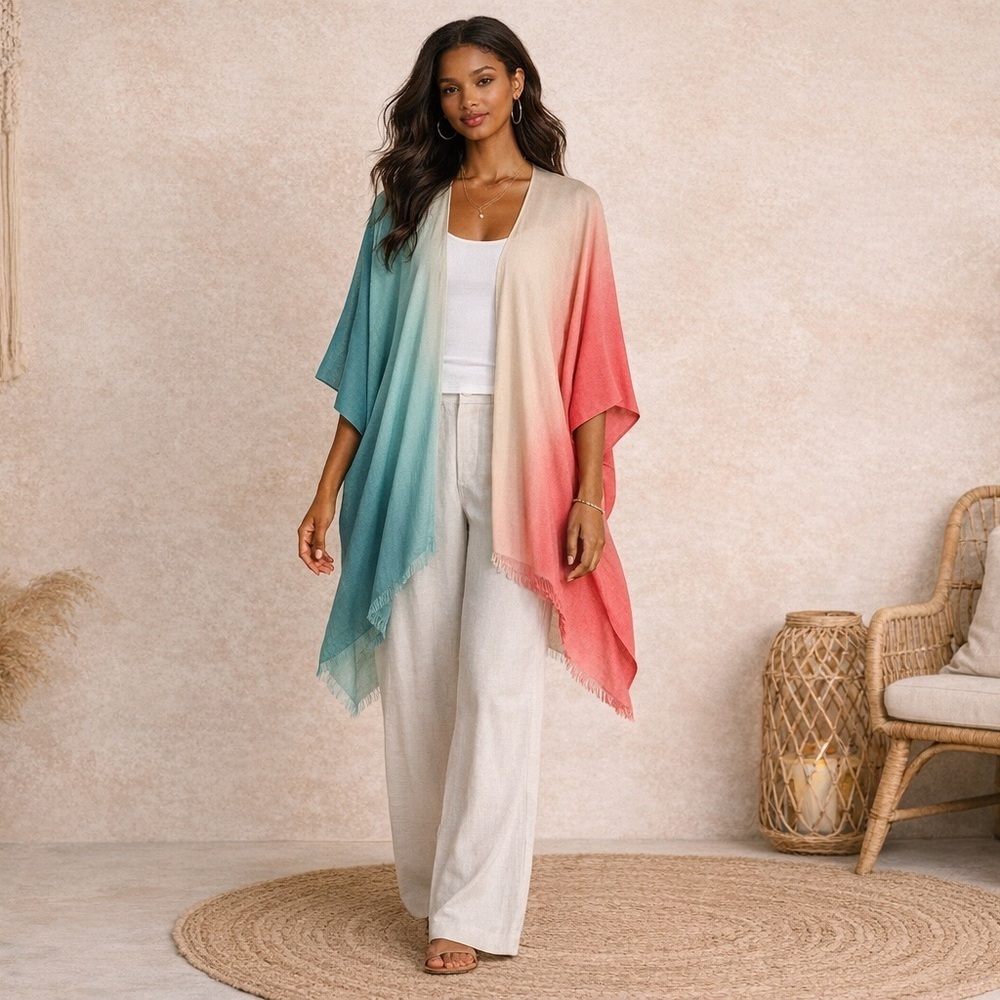Riani Anthropologie 100% Wool Ombre Poncho Shawl Luxury Oversized Summer Chic